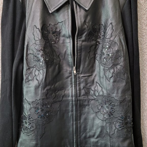 Nygard - Beautiful Black Leather/ Sweater Jacket with Floral Sequin Decoration - Picture 7 of 7